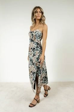 ROKOKO Kim Floral Midi Dress In Black Dresses