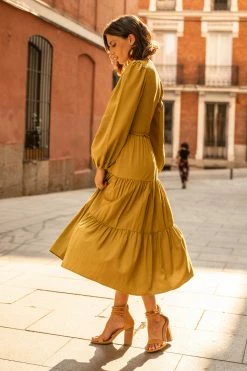 LUMIERE Dresses Smocked Tiered Midi Dress In Chartreuse - FINAL SALE