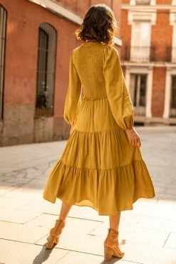 LUMIERE Dresses Smocked Tiered Midi Dress In Chartreuse - FINAL SALE