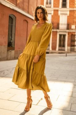 LUMIERE Dresses Smocked Tiered Midi Dress In Chartreuse - FINAL SALE
