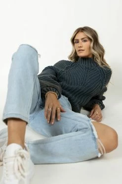 SINA Olympe Cable-Knit Sweater In Teal Tops