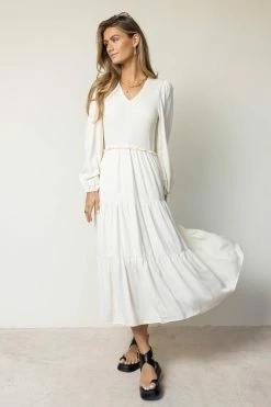 LUMIERE Smocked Tiered Midi Dress In Ivory Dresses