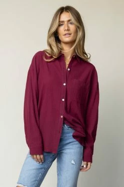 FUN 2 FUN Larissa Button Down Blouse In Burgundy - FINAL SALE
