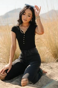 DRESS FORUM Ribbed Cap Sleeve Bodysuit In Black - FINAL SALE