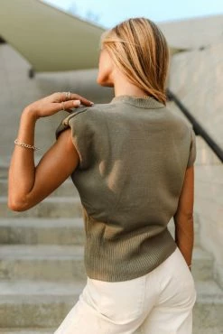 Discount ๐งจ SINA Geena Shoulder Pad Sweater In Olive ๐ 11 SINA Geena Shoulder Pad Sweater In Olive