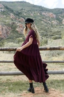 Fore Collection Amanda Tiered Dress In Burgundy - FINAL SALE