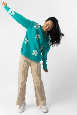 TEA N ROSE Tops Bennett Sweater In Turquoise - FINAL SALE