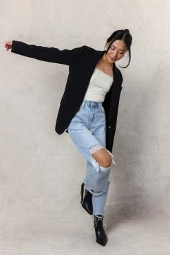 AARON & AMBER Crystal Blazer In Black Tops