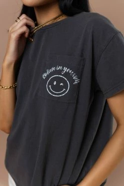 WELLMADE INC Smiley Face Tee In Charcoal - FINAL SALE