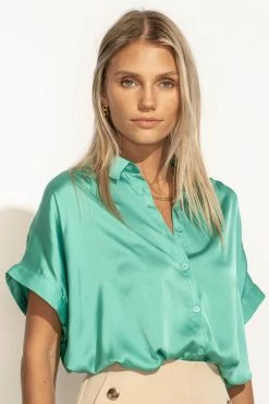 FUN 2 FUN Tops Mary Button Down Top In Jade - FINAL SALE