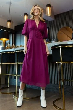 AARON & AMBER Ellie Chiffon Midi Dress In Magenta