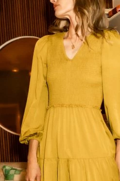 LUMIERE Dresses Smocked Tiered Midi Dress In Chartreuse - FINAL SALE